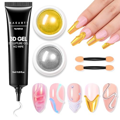 Makartt 3D Gel Nail Art & Chrome Nail Powder Kit: 15g Sculpting Gel for Nail Art DIY No Wipe 3D Molding and Metallic Chrome Powder Set for Decoration Manicure Pedicure Use