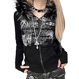 GOTHPICKUS Y2K Grunge Faux Fur Hoodies For Women Zip Up Vintage Punk Gothic Graphic Jacket Long Sleeves Ribbing Streetwear (Black,Medium)