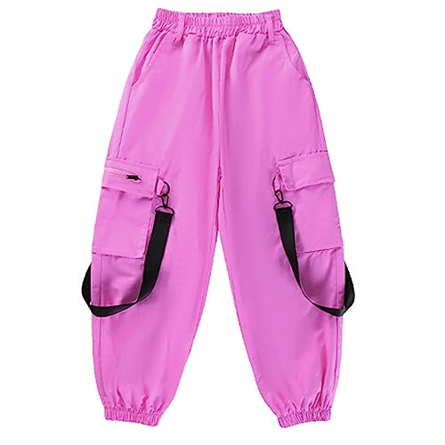 Freebily Kids Girls Cotton Cargo Jogger Pants Elastic Waist Trousers Drawstring Pants Hip Hop Sweatpant Casual Streetwear Hot Pink A 9-10 Years #TOP3