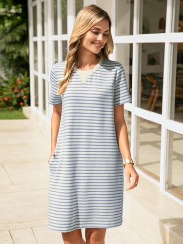 Glamaker Women Summer Tshirt Shift Dress Casual Striped Short Sleeve Crew Neck Knee Length Comfy Dress with Pockets3