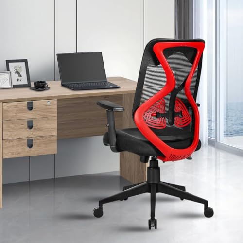Image of activa Hector Ergonomic Office Chair | Mesh Computer Chair with 2D Armrest | Adjustable Headrest & Lumbar Support | Executive Revolving Desk Chair for Workspace /Computer Desk (Red Black,Mid Back)