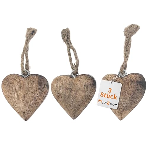 3er Set Herz Anhänger Holz Natur je 5 cm, Massiv Holzherzen zum Hängen Holz-Deko Mitbringsel Hochzeitsdeko Raumdeko