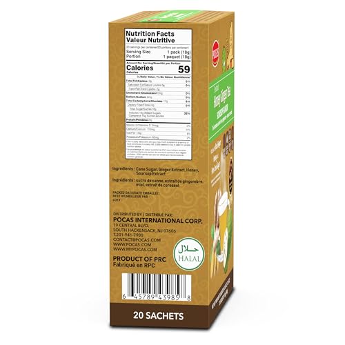 Pocas Honey Ginger Instant Tea Powder, Soursop Flavor, Real Ginger Extract & Honey, Caffeine-Free Tea, 20 Packets