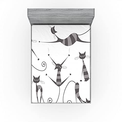 Ambesonne Cat Fitted Sheet, Furry Skinny Striped Cats In Several Funny Body Postures Whiskers Feline Paws Art Image, Soft Decorative Fabric Bedding All-Round Elastic Pocket, Queen Size, Dimgray #TOP2