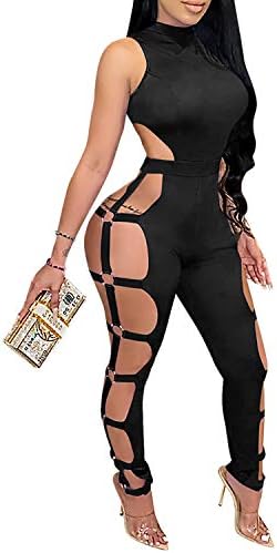 Zoctuo Women's Bodycon Jumpsuits Romper Clubwear Buckle High Neck Jumpsuit Sexy Hollowing Out Romper (3691,Black, S)