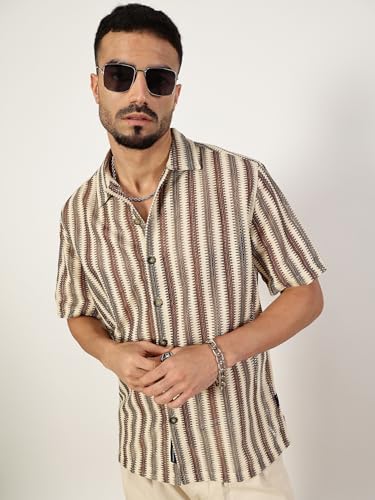 Image of Thomas Scott Men's | Stripes | Half Sleeve | Slim Fit | Polyester-Blend | Spread Collar | Casual Shirt