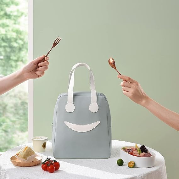 Image of Lunch Bag for Women Men, Gray, Large | Thermal Insulated, Waterproof, Reusable, Office School Travel, Smiley Lunch Bag
