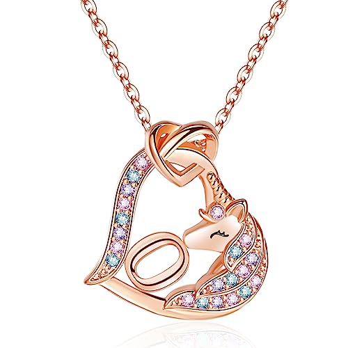 FLNEOO Unicorn Gifts for Girls Necklace Decorations - Birthday Personalized Gifts Unicorn Necklace for Girls Heart Pendant Kiss Initial CZ Necklace Classic Unicorns Jewelry Gifts for Girls Fashion,