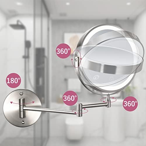 WITFAMILY 8'' Rechargeable Wall Mounted Mirror with 1X/10X Magnification, LED Magnifying Makeup Mirror with 3 Light Modes, 360 Swivel Double Sided Extendable Vanity Mirror, Touch Control & Auto Off