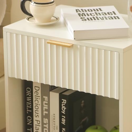Image of Fultyle White Nightstand, Modern Bedside Table with Drawer and Open Storage, Fluted End Side Table Living Room with Solid Wood Legs for Bedroom (White)