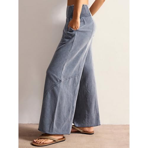 Womens Wide Leg Washed Pants Palazzo Casual Sweatpants Elastic Waisted Lounge Baggy Trousers with Pockets3