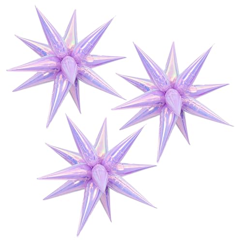 Image of 3pcs 26inch 3D iridescent macaron purple Explosion Star foil balloon, colorful macaron purple Foil Cone Star burst Balloons for Birthday Wedding New Year Party Event