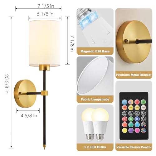 Image of Battery Operated Wall Sconce Set of Two, Wireless Rechargeable Wall Light With Remote Control, Dimmable, 4 Color Temperatures, RGB, Timer, for Living Room,Bedroom,Entryway, Black Gold, 20.6 Inch