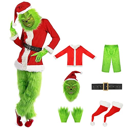 WUHX Grön Grinch-dräkt för vuxna, jul, deluxe, lurvig tomtedräkt, cosplay, 7 st delar med mask, hatt, bälte, handskar, skoskydd, halloween, kostym, grön, Grinch-kostym, M