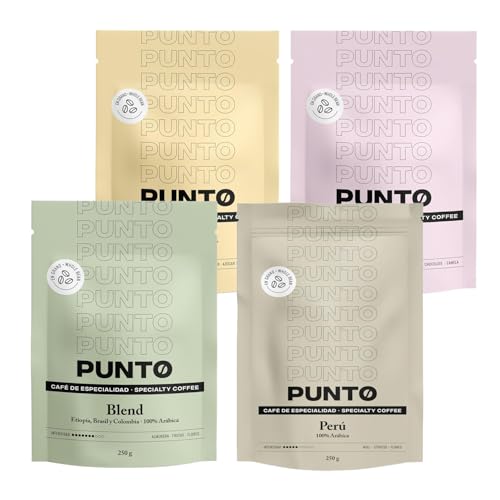PUNTO - Pack Cafe de Especialidad en Grano 4x250g - Punto BLEND + Perú + Etiopía + Colombia - 100% Arabica - Tueste y Cuerpo Medio - Intensidad 5-7/10