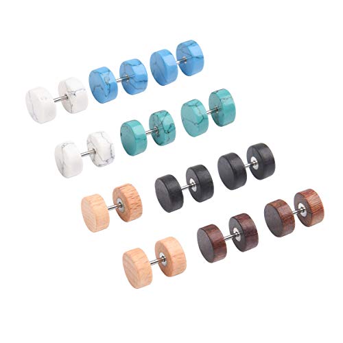Eigso 6 Pairs 8mm Wood Cheater Fake Ear Plugs Gauges Illusion Screw Stainless Steel Stud Earrings