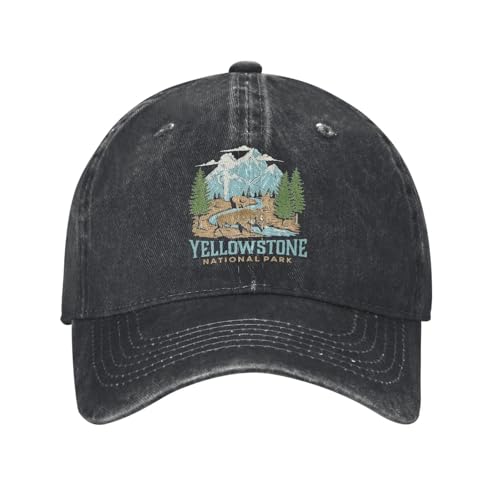 MKJDFTYU aVintage Yellowstone US National Park Wolf Bison Bear Vintage Baseball Caps Distressed Washed Headwear Unstructured Soft Caps Ha
