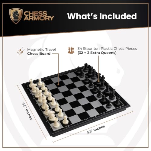 Image of Chess Armory Magnetic 9.5 Inches Travel Chess Set - Folding Board with Storage Box & 2 Extra Queen. (Pack of 2)