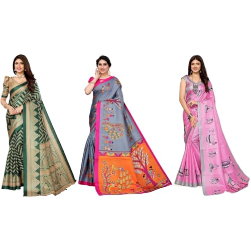 Sari pour femme en soie imprimée Yashika | Lot de 3 saris multicolores