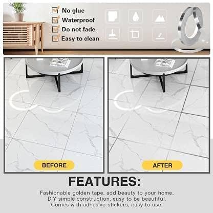 GLIVE (LABEL) Tile Decoration Tape, Home Floor Wallpaper Waterproof Tiles, Tile gap Tiles Stickers for Floor, Gap Sealing Self-Adhesive Tape Strip for Wall, Cabinet, Kitchen (Silver) 1