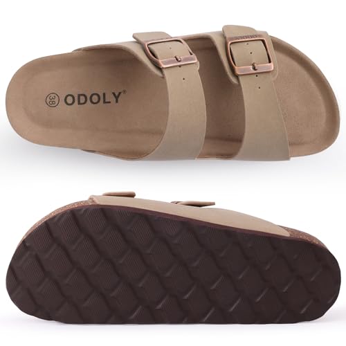 Image of ODOLY Unisex Comfortable Cork Footbed Slide Sandals with Arch Support | Adjustable Buckle, Lightweight Summer Sandals for Travel and Everyday Wear