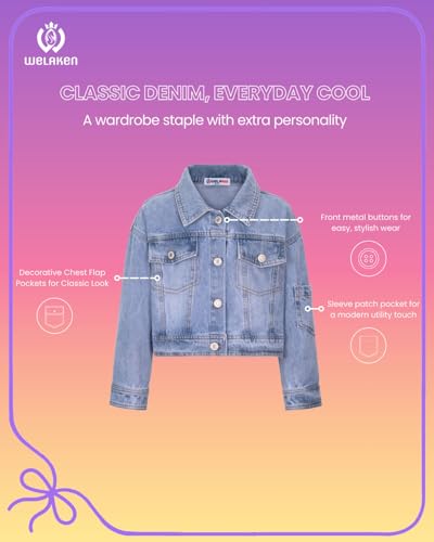 Image of WELAKEN Print Denim Jacket for Girls & Kids II Little Girl's Button Down Crop Jean Jacket Coat