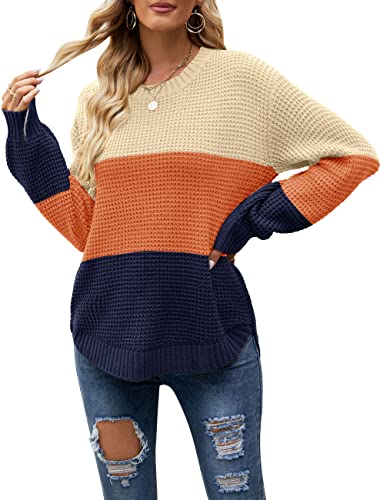 MEROKEETY Women's 2023 Casual Fall Waffle Knit Sweater Long Balloon Sleeve Loose Pullover Jumper, Blockbrown, X-Large