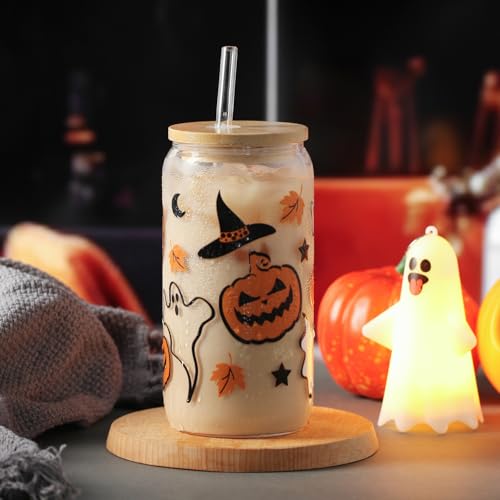 KMCCUMBER Halloween Pumpkin Ghost Glass Cup with Lid Straw Gifts for Women - image 5
