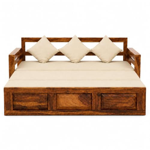 Image of SONA ART & CRAFTS Regal Sheesham Wood 3 Seater Sofa Cum Bed | Wooden 3 Seater Sofa for Living Room Wooden Furniture Sofa Bed for Home (Natural Finish)
