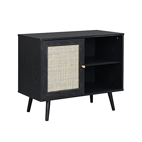 Armario de ratán tejido hecho a mano con 1 puerta (negro) Mueble de estilo bohemio único para sala de estar o dormitorio