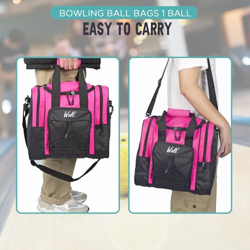 WOLT Bowling Ball Bag for Single Ball -Bowling Bag with Padded Holder, 2 Pockets Fit Shoes Up to Mens Size 14 and Accessories (Pink)