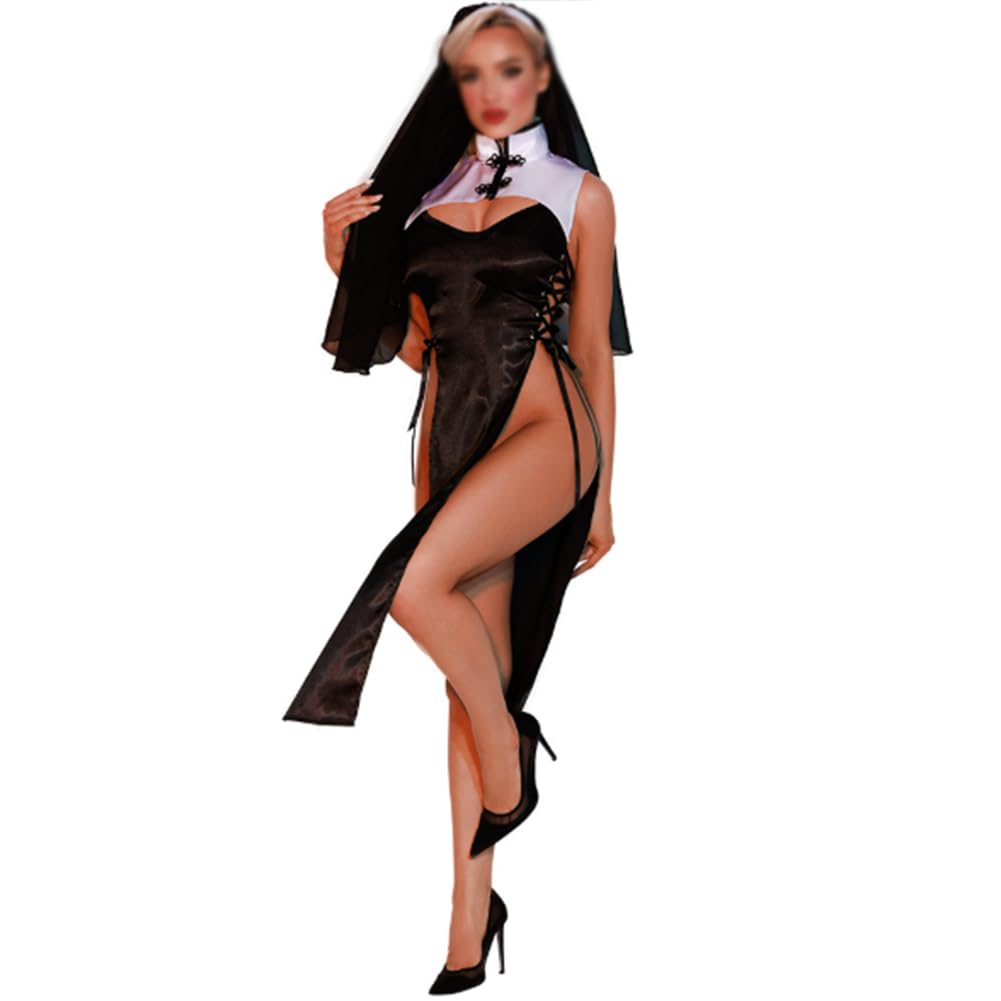 Nonne Cos Kostüm Hochgeschlitzte Schnürkleid Halloween Party Outfit