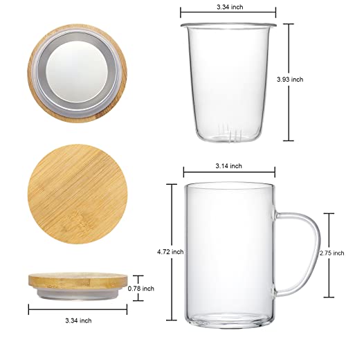 Lezero Glass Tea Infuser Cups With Removable Strainer And Bamboo Lid, Borosilicate Glass Tea Mugs For Blooming Tea & Loose Leaf Tea, Microwave & Dishwasher Safe, Lead-Free, 15Oz/450Ml #TOP6