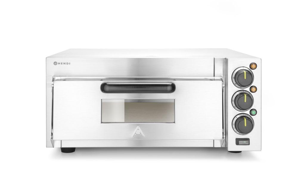 HENDI Horno profesional compacto para pizzas, horno eléctrico, para pizzas hasta diámetro 39cm, 50˚C~350˚C, 230V, 2000W, 580x560x(H)275mm, plateado, cuerpo de acero inoxidable AISI 430