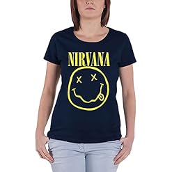 Nirvana Femme Yellow Smiley Navy Blue T-Shirt Noir - Les Beatles, Paul McCartney, John Lennon, RIngo Starr, George Harrison