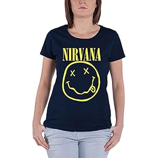 Nirvana Femme Yellow Smiley Navy Blue T-Shirt Noir - Les Beatles, Paul McCartney, John Lennon, RIngo Starr, George Harrison