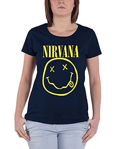 Nirvana Femme Yellow Smiley Navy Blue T-Shirt Noir - Les Beatles, Paul McCartney, John Lennon, RIngo Starr, George Harrison Nirvana Femme Yellow Smiley Navy Blue T-Shirt Noir