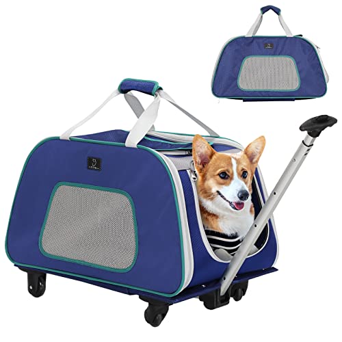 A 4 Pet Dog Carrier on Wheels, Dog Trolleys on Wheels Foldable Rolling Pet Carrier Up to 33 LBS, Portable Large Dog/Cat Carrier Travel Tote Bag, Navy Blue