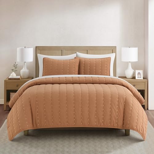Chic Home Jalla Queen 3-teiliges Cord-Bettwäsche-Set, Bestickt, Tagesdecke, mit Kissen, 2 Kissenbezügen, Camel