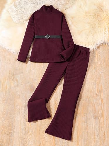 2-teiliges Mädchen-Outfit-Set, gerippt, langärmelig, Rollkragen, Oberteil und ausgestellte Hose, weich, dehnbar, Lounge-Trainingsanzug, Burgunder, 9-10 Jahre