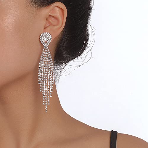 Denifery Teardrop Crystal Chandelier Earrings Long Tassels Dangle Earrings Sparkling Rhinestone Ladies Gifts Statement Earrings Bridal Wedding (Silver)2