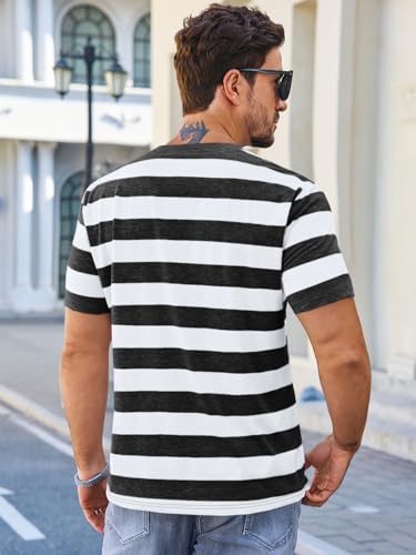 Runcati Mens Short Sleeve T-Shirts Striped Casual Crewneck Basic Shirt Color Block Stretch Summer Beach Tees3