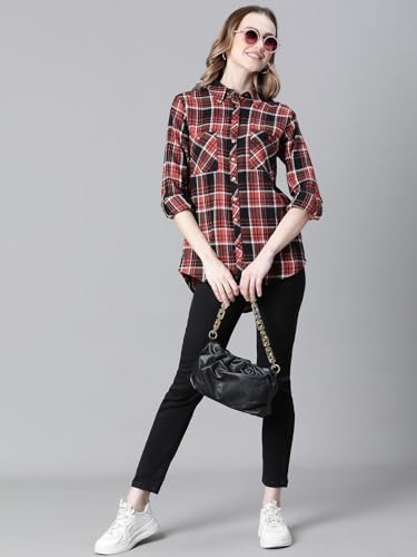 Image of oxolloxo Women Check Print Collared Long Sleeve Cotton Shirt