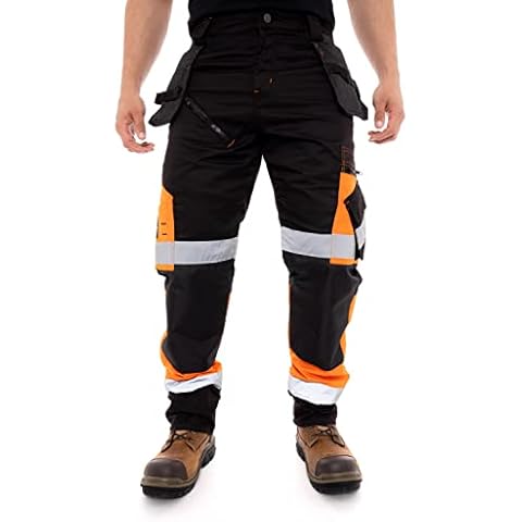 Juicy Trendz® Mens Work Trousers Reflective Tape Hi Viz Work Trousers Men Heavy Duty Hi Vis Workwear Pants Holster Pockets Cargo Combat Working Jeans Orange Cover