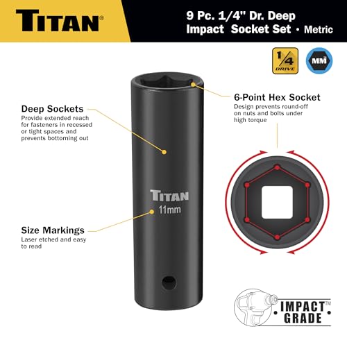 Titan 46401 9-Piece 1/4-Inch Drive Metric Deep Impact Socket Set, 6-Point, Metric Sizes 6 to 14mm by Titan - Image 4