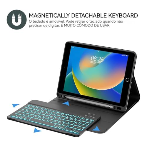 Capa para tablet para iPad de 10,2 polegadas de 8ª, 7ª e 9ª geração com teclado magnético sem fio, f
