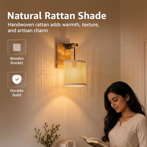 Image of Amazon Basics Rattan Light Weave Wall Lamp | Natural Rattan Shade with Wooden Bracket | E14 Holder | Decorative Wall Light for Bedroom, Living Room, Hallway & Home Decor