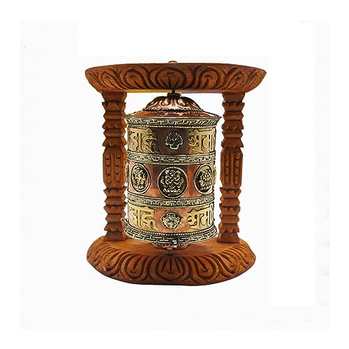 KHUSI Tibetan Prayer Wheel, with 8 Auspicious Symbols Ashtamangal and 'Om Mani Padme Hum' - Peaceful Decor Gift - Wood Frame, Brass & Copper Wheel