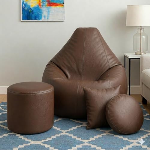 Image of XXL Bean Bag Cover, Teardrop Shape, Faux Leather, with Footstool and Cushions, 106x87x65 cm, Adult (Brown, XXL, Solid)