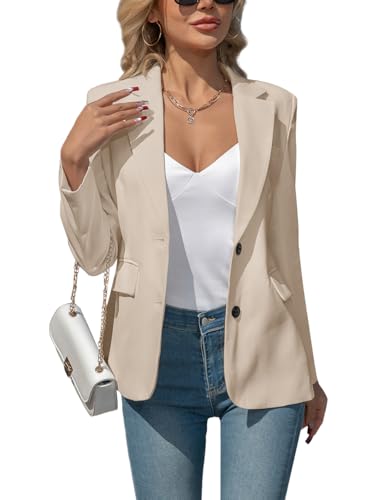Women's Blazers Business Casual Padded Shoulder Blazer - Long Sleeve Slim Fit Work Office Suit Jackets with Pockets Khaki M
